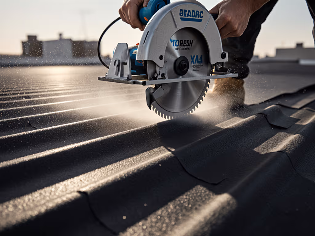 professional_circular_saw_cutting_flat_roofing_membrane_with_dust_collection_shroud_attached